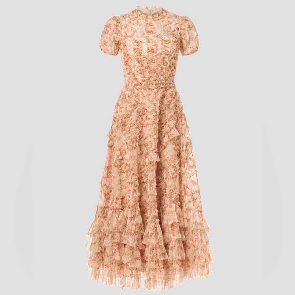 Mac Duggal High Neck Floral Mesh Layered Ruffle Maxi Dress in Cream and Pink